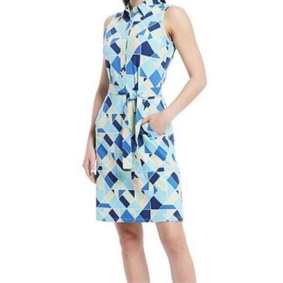 J. Mclaughlin Dolly Catalina Cloth Sleeveless Dress Belted Green/Blue Print XS - Picture 1 of 15